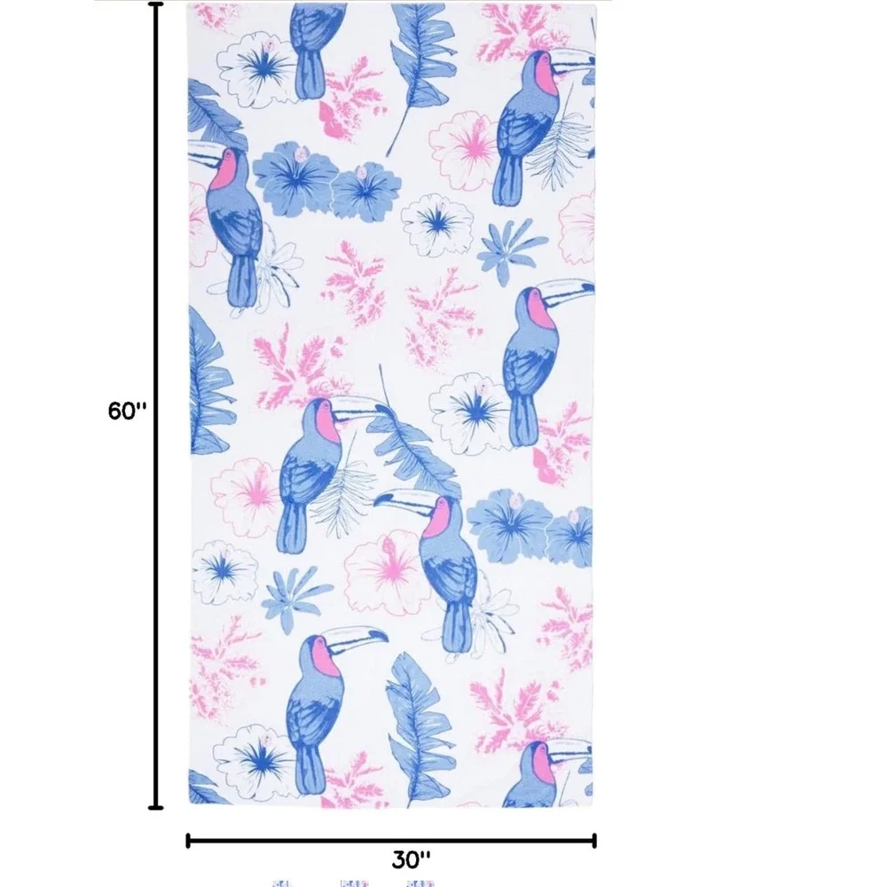 Tipsy Elves Toucan Tango Beach Towel Blue Pink White Tropical Floral 30x60  NEW